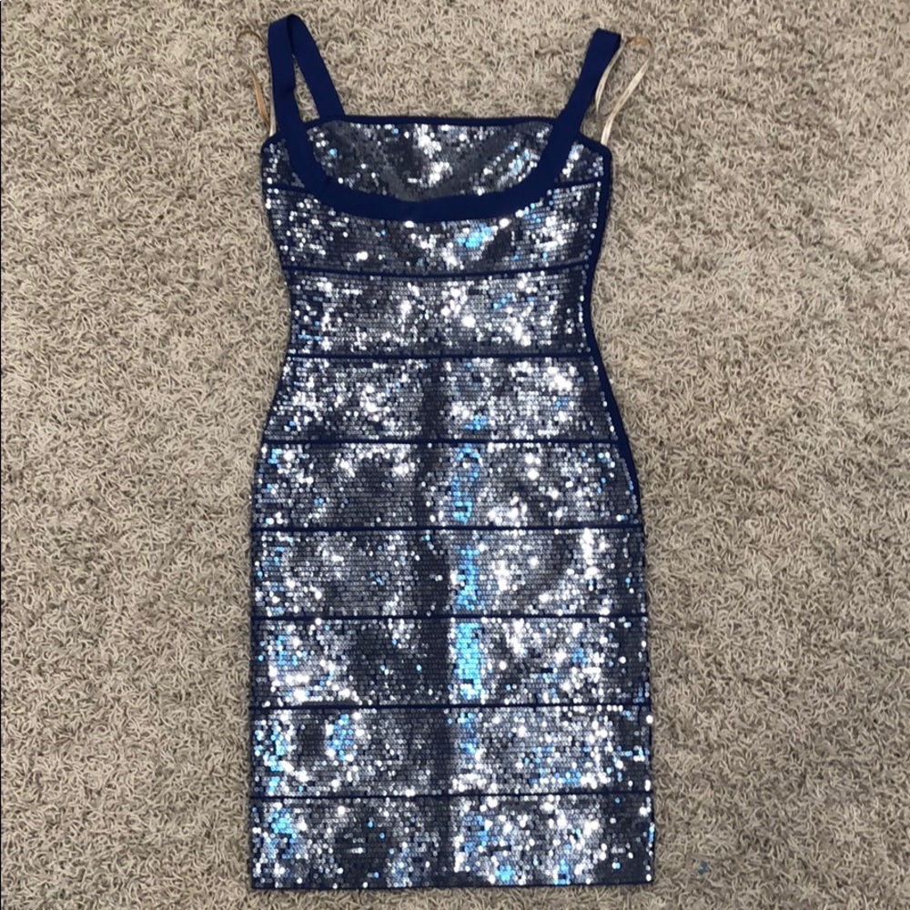 Herve Leger Blue Sequin Dress S
